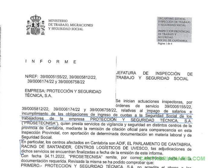 Inspección de Trabajo propone sancionar en grado máximo a PROSETECNISA por no abonar las cuotas a la Seguridad Social