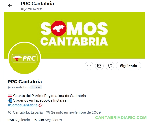 En la imagen la cuenta de Twitter del PRC de Cantabria sin el check azul de verificación