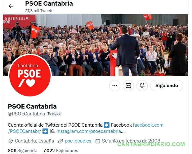 En la imagen la cuenta de Twitter del PSOE de Cantabria sin el check azul de verificación