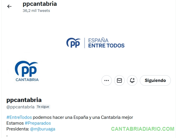 En la imagen la cuenta de Twitter del PP de Cantabria sin el check azul de verificación