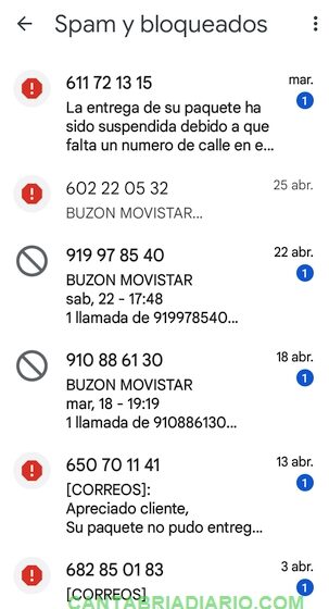 En la captura de pantalla diversos números de teléfono relacionados con estafas, timos y llamadas comerciales no deseadas