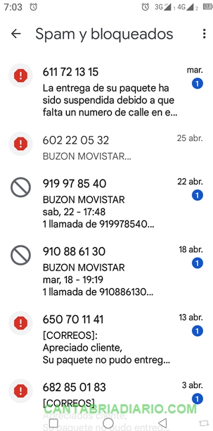 En la captura de pantalla diversos números de teléfono relacionados con estafas, timos y llamadas comerciales no deseadas