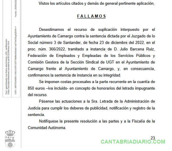  La Justicia ratifica la condena al Ayuntamiento de Camargo por vulnerar la libertad sindical de UGT