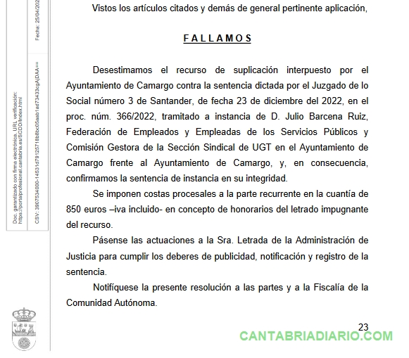 La Justicia ratifica la condena al Ayuntamiento de Camargo por vulnerar la libertad sindical de UGT