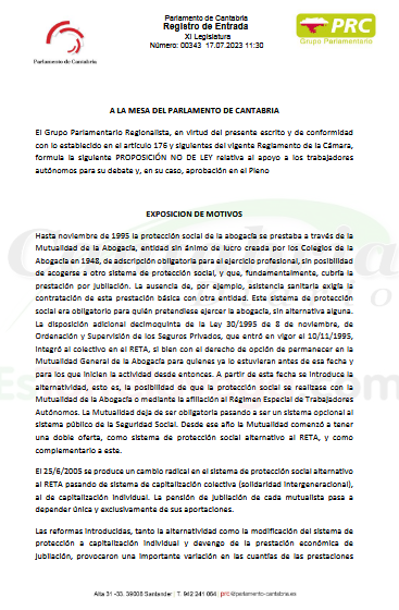  El Parlamento de Cantabria debatirá el apoyo a los abogados que quieren pasar a la Seguridad Social para sus jubilaciones