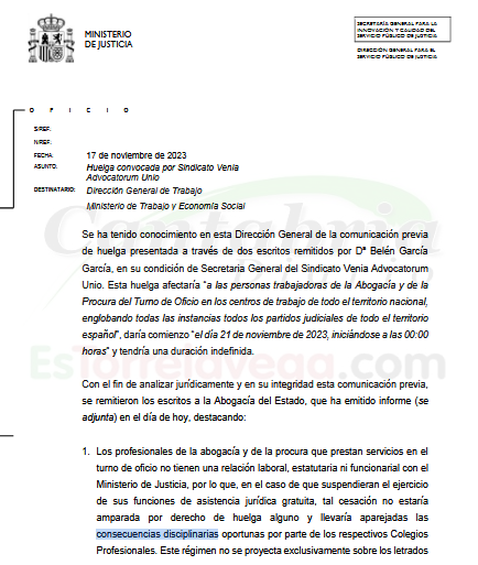  Justicia advierte de «consecuencias disciplinarias» para los abogados y procuradores de oficio que secunden la huelga del 21 de noviembre