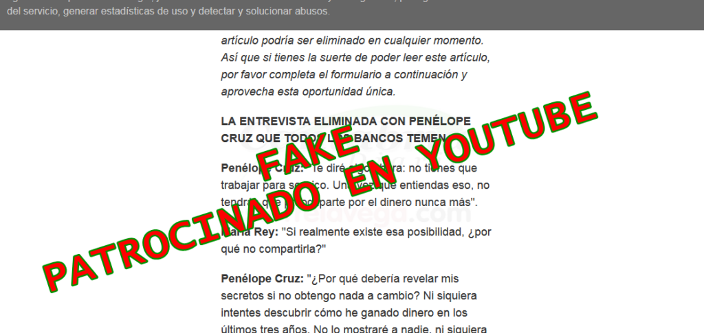 Falsa entrevista con Penélope Cruz para difundir timos y estafas con criptomonedas, a esta fake news se llega a través de un anuncio en YouTube
