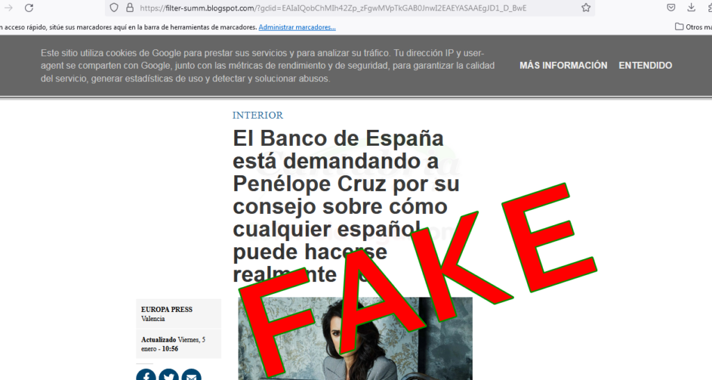 Falsa noticia con Penélope Cruz para difundir timos y estafas con criptomonedas, a esta fake news se llega a través de un anuncio en YouTube