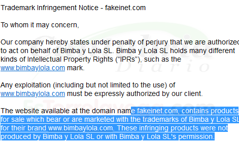 La empresa Corsearch, que dice actuar en nombre de la marca española de moda Bimba y Lola, ha enviado un requerimiento a la web cántabra Fakeinet.com, dedicada a destapar fraudes online.