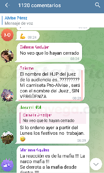 En la imagen una captura del grupo de Alvise Pérez en Telegram, donde se permiten multitud de insultos y amenazas a personalidades públicas