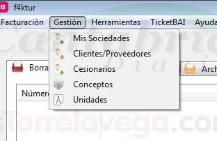La pestaña de Gestión de EF4KTUR permite añadir de forma fácil nuevos clientes y conceptos, con el número DIR3 de los clientes para gestionar el envío de las facturas electrónicas a FACe