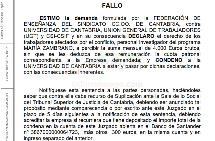  La UC condenada a pagar el salario íntegro al personal investigador del programa María Zambrano