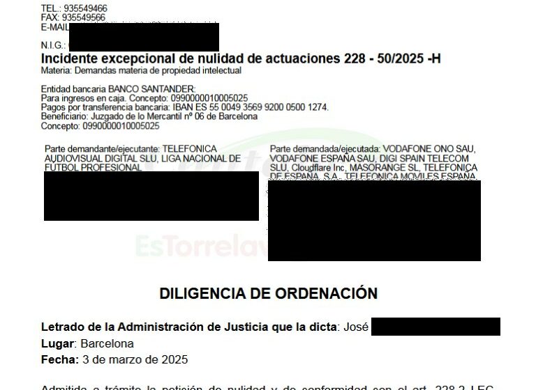  Admitido a trámite el incidente de nulidad contra la orden que permite a LALIGA «romper» internet cuando hay fútbol