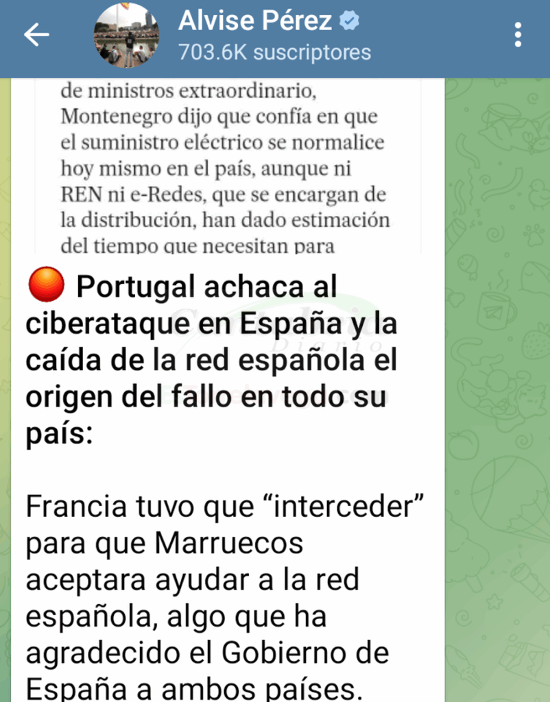 En la imagen una captura de pantalla del Telegram de Alvise Pérez en el que apunta a un ciberataque en España