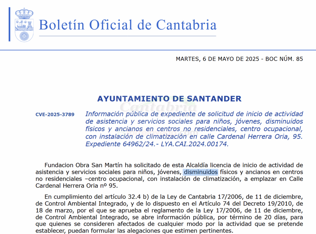 El Boletín Oficial de Cantabria publicó el anuncio el martes 6 de mayo - Santander lamenta el uso del término "disminuidos" en una publicación en el BOC