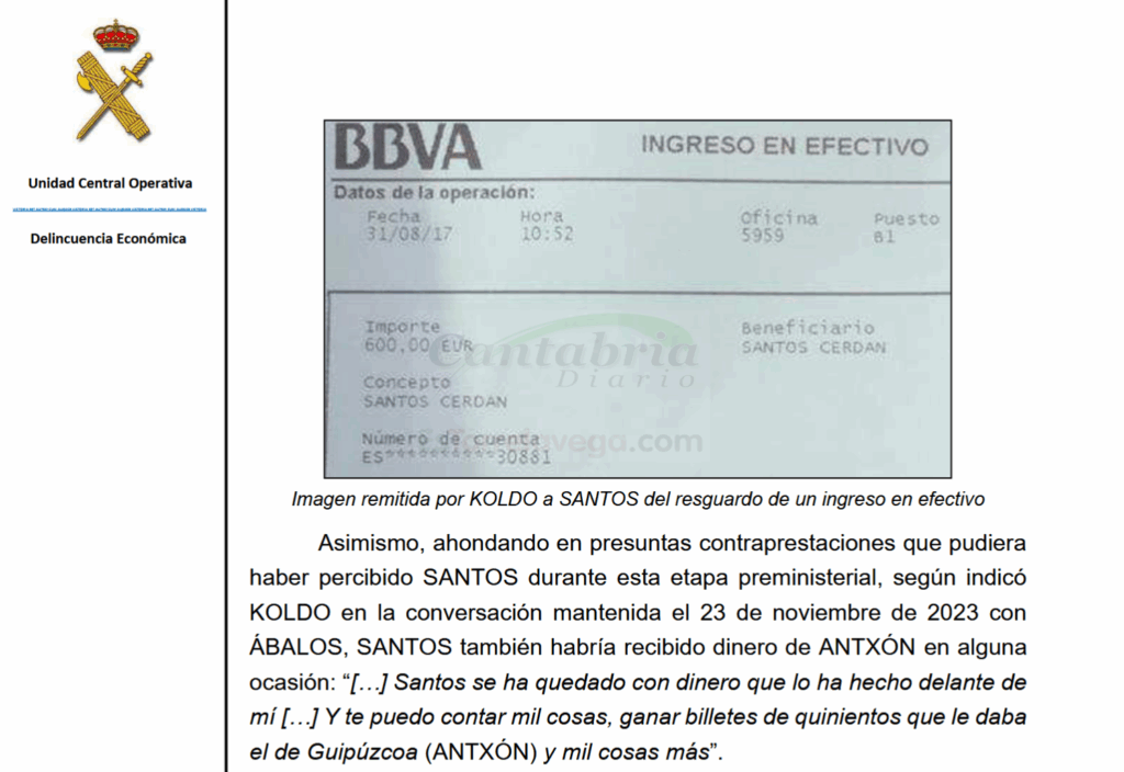 En la imagen del informe de la UCO, un ingreso en efectivo realizado a Santos Cerdán en 2017