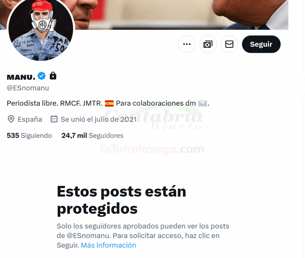 La cuenta de Twitter ESnomanu aparece como protegida, y en la fotografía de perfil, dentro de la mascarilla, se ve el logotipo del grupo de ultraderecha Núcleo Nacional
