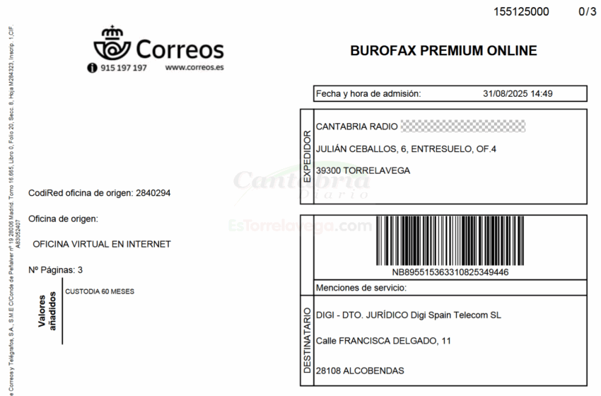  CANTABRIA RADIO envía un burofax a DIGI para exigir el desbloqueo inmediato de su legítimo Medio de Comunicación, censurado a instancias de LALIGA