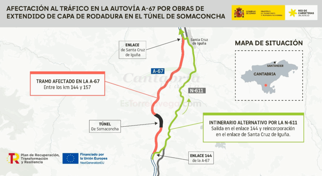 Siguen las obras de modernización del túnel de Somaconcha en la A-67, a la altura de Pesquera