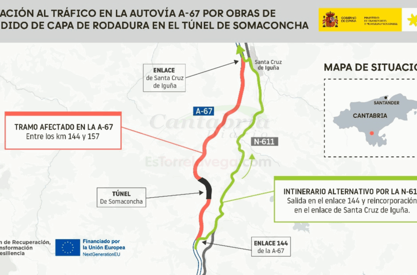 Siguen las obras de modernización del túnel de Somaconcha en la A-67, a la altura de Pesquera
