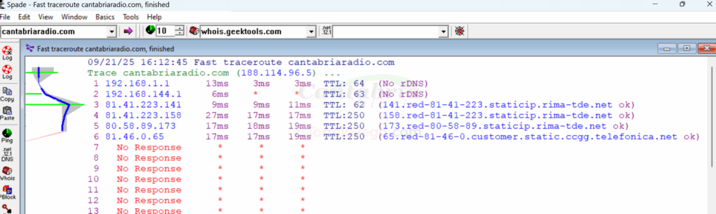 A las 16.12 de este domingo 21 de septiembre, Telefónica impide "ilegalmente" el acceso a la radio cántabra según se puede ver en la captura donde se corta la conexión - CANTABRIA RADIO vuelve a estar bloqueada por culpa de LALIGA y las operadoras
