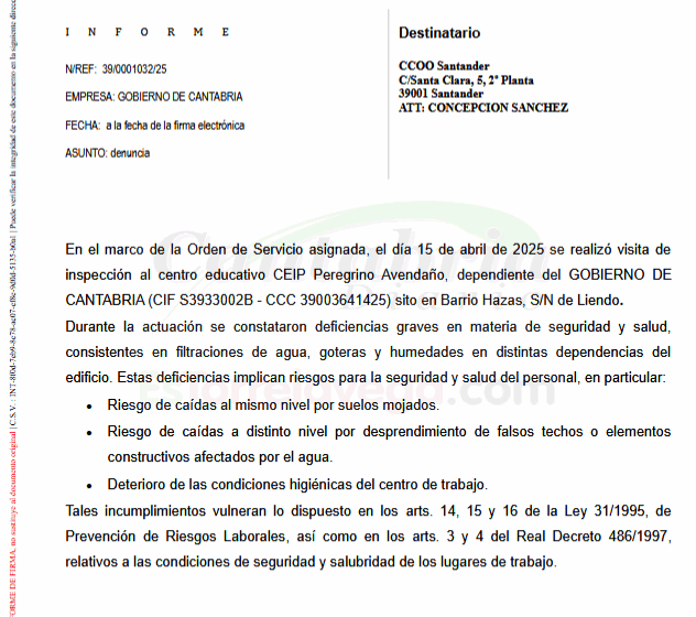  Inspección de Trabajo requiere a Educación a reparar las filtraciones, goteras y humedades en el colegio de Liendo