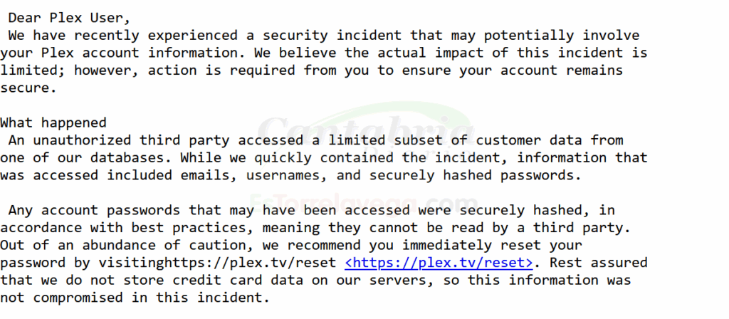 En la captura de pantalla el correo que PLEX ha enviado a sus usuarios para comunicar que alguien ha accedido a su base de datos
