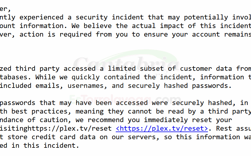  PLEX comunica a sus usuarios que las cuentas han sido afectadas por un incidente de seguridad