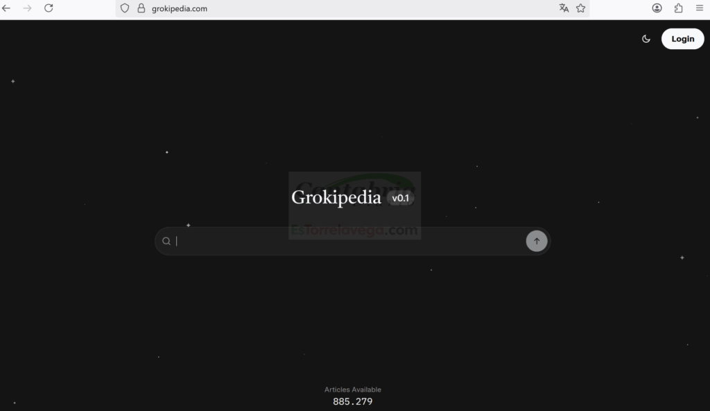 Captura de pantalla de Grokipedia este martes 28 de agosto, que ni siquiera tiene un Aviso Legal o Cookies