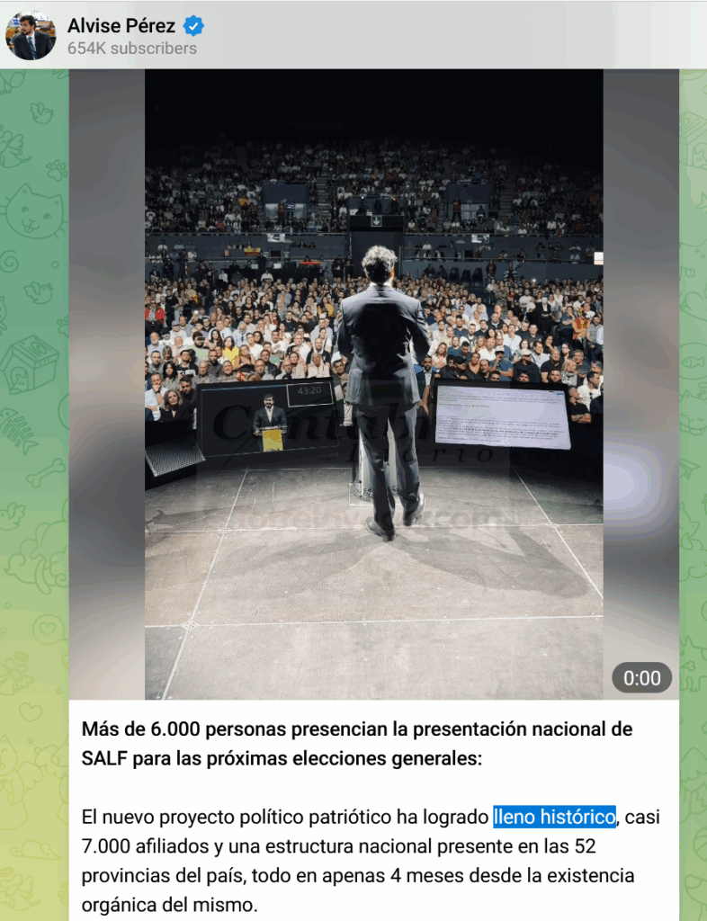 Imagen de la cuenta de Telegram de Alvise Pérez en la que afirma que Vistalegre ha registrado un "lleno histórico"