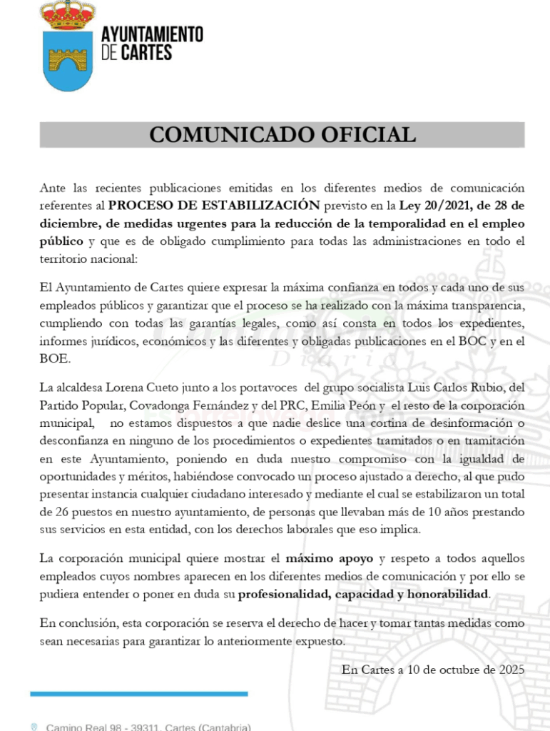 En la imagen el comunicado, en el poco habitual formato JPG, que el Ayuntamiento de Cartes envió ayer a toda la prensa de Cantabria