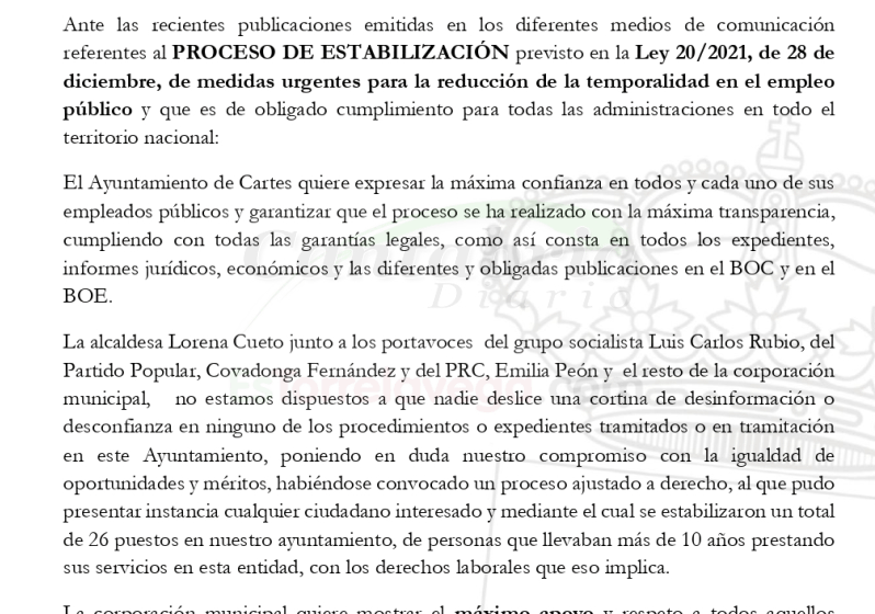  Caos en Cartes: el PP niega haber apoyado al exalcalde en un comunicado enviado a la prensa