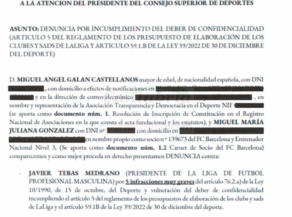 En la imagen la denuncia de Miguel Galán que ha dado pie a la apertura del expediente por el Tribunal Administrativo del Deporte (TAD)