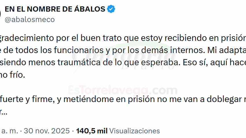 La cuenta de Twitter de Ábalos agradece el "buen trato" que recibe en prisión