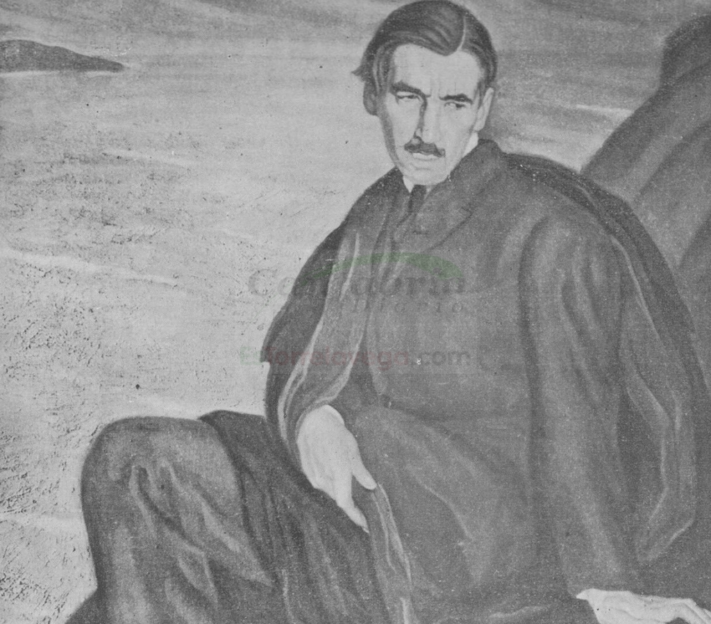 Jesús Cancio, el poeta comillano, cuya dulce lira canta las tragedias del mar y el dolor de los humildes. Retrato del notable pintor montañés Ricardo Bernardo.