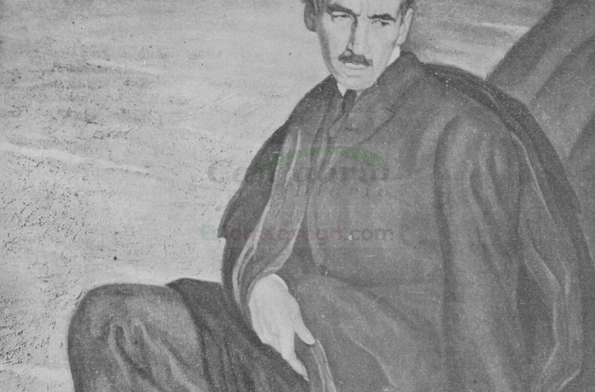 Jesús Cancio, el poeta comillano, cuya dulce lira canta las tragedias del mar y el dolor de los humildes. Retrato del notable pintor montañés Ricardo Bernardo.