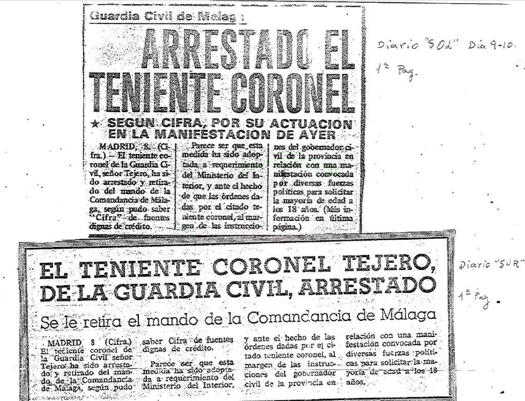 Recortes de prensa del año 1977, cuando Tejero fue arrestado y le fue retirado el mando por su actuación al disolver una manifestación política