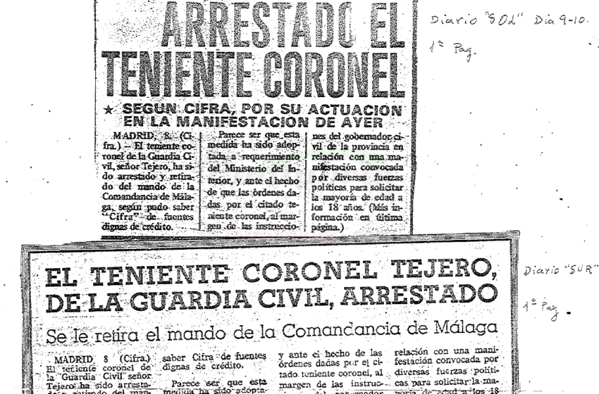 Recortes de prensa del año 1977, cuando Tejero fue arrestado y le fue retirado el mando por su actuación al disolver una manifestación política