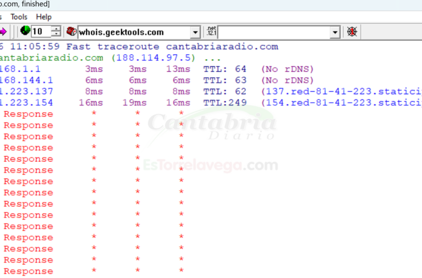 La prueba de Traceroute muestra que CANTABRIA RADIO está inaccesible desde las conexiones de Movistar.