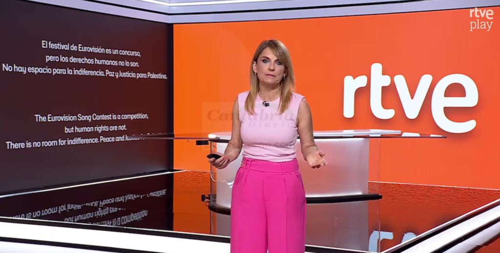 Lourdes Maldonado con el mensaje que RTVE mostró sobre el festival de Eurovisión