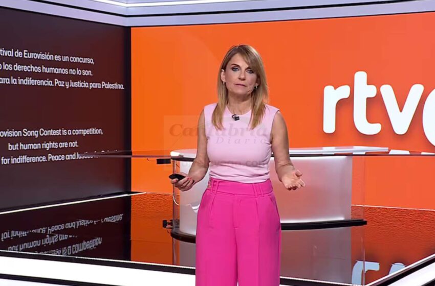 Lourdes Maldonado con el mensaje que RTVE mostró sobre el festival de Eurovisión